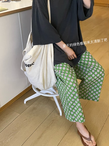 超薄面料松紧腰复古花色宽松凉快防晒慵懒奶奶裤休闲九分裤