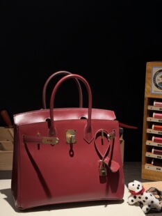手工缝制 30cm铂金包 金扣 爱马S红 手提包BK box皮