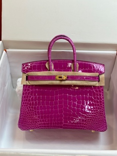 天方夜谭紫铂金包25cm亮面鳄鱼皮手缝蜡线女包三张皮手工蜡线包邮