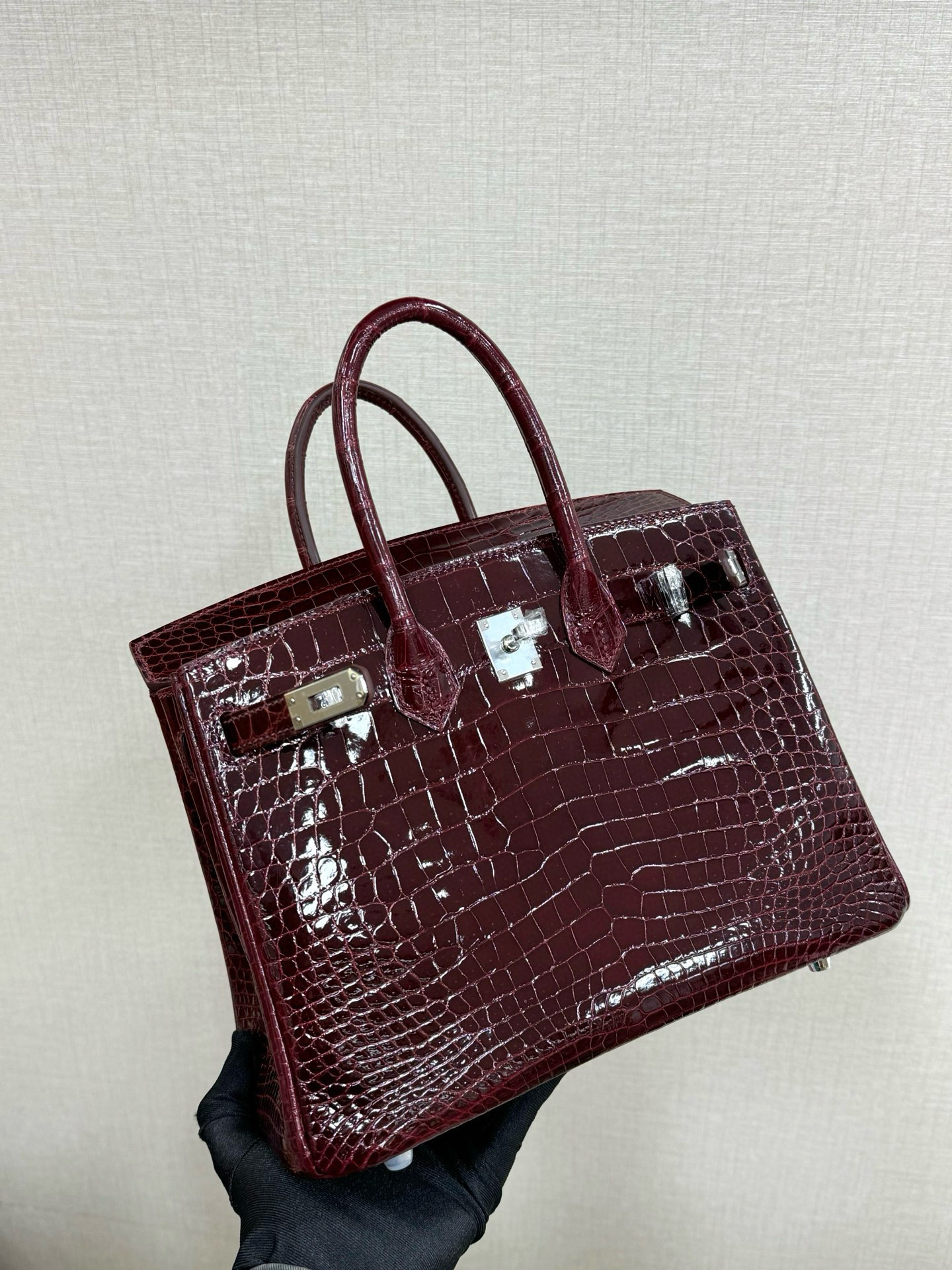 25cm进口鳄鱼皮亮面女包手提包三张皮纯手工蜡线铂金包波尔多红