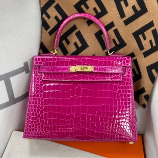 天方夜谭紫鳄鱼皮凯莉28cm高光湾鳄女包单肩手提包手缝蜡线全真皮