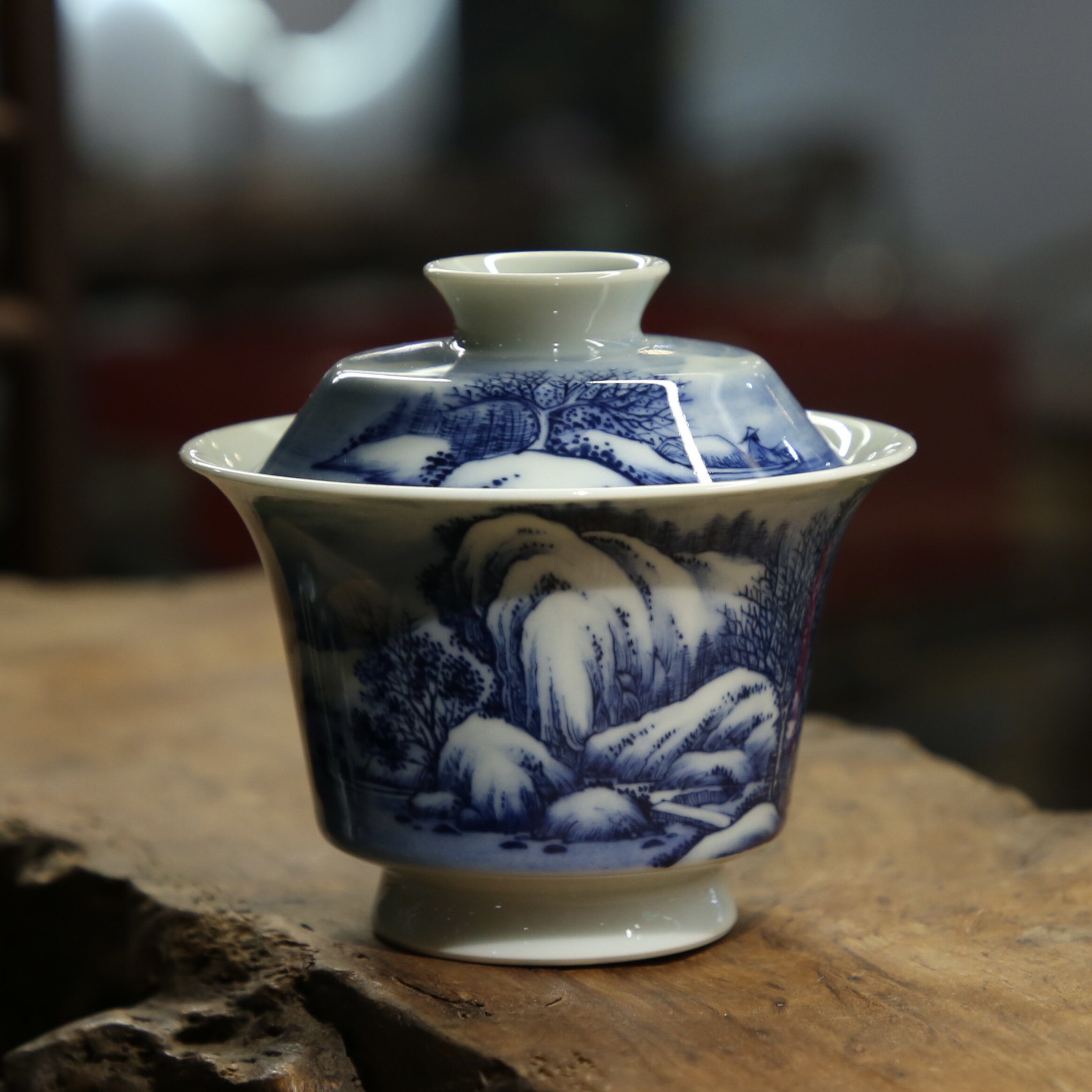 茗缘居 禄意窑青花雪景山水盖碗景德镇青花瓷手工功夫茶具泡茶碗