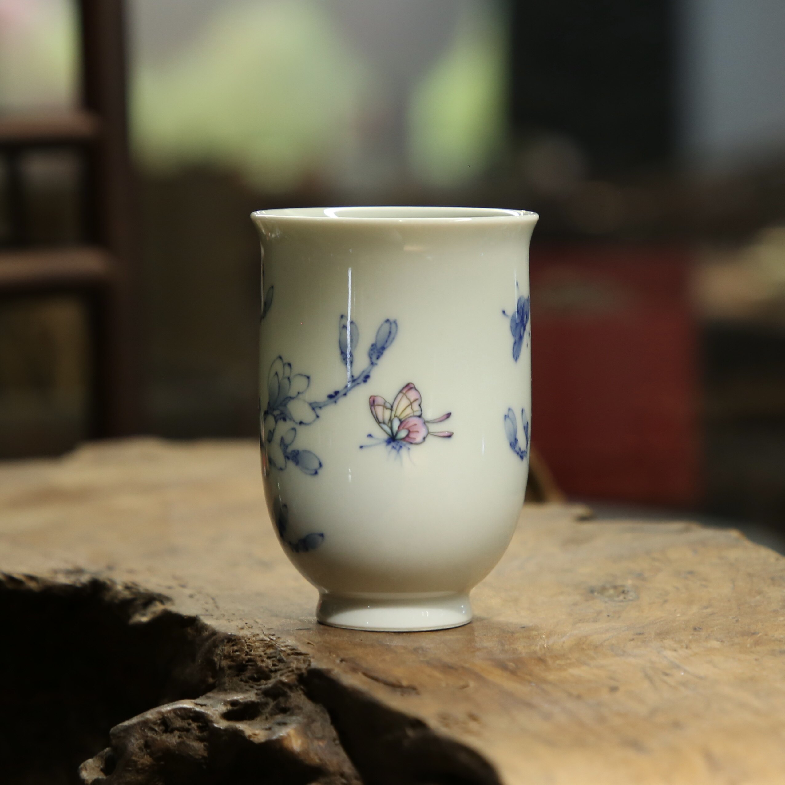 茗缘居 禄意窑青花斗彩玉兰杯景德镇手绘陶瓷主人杯功夫品茗杯