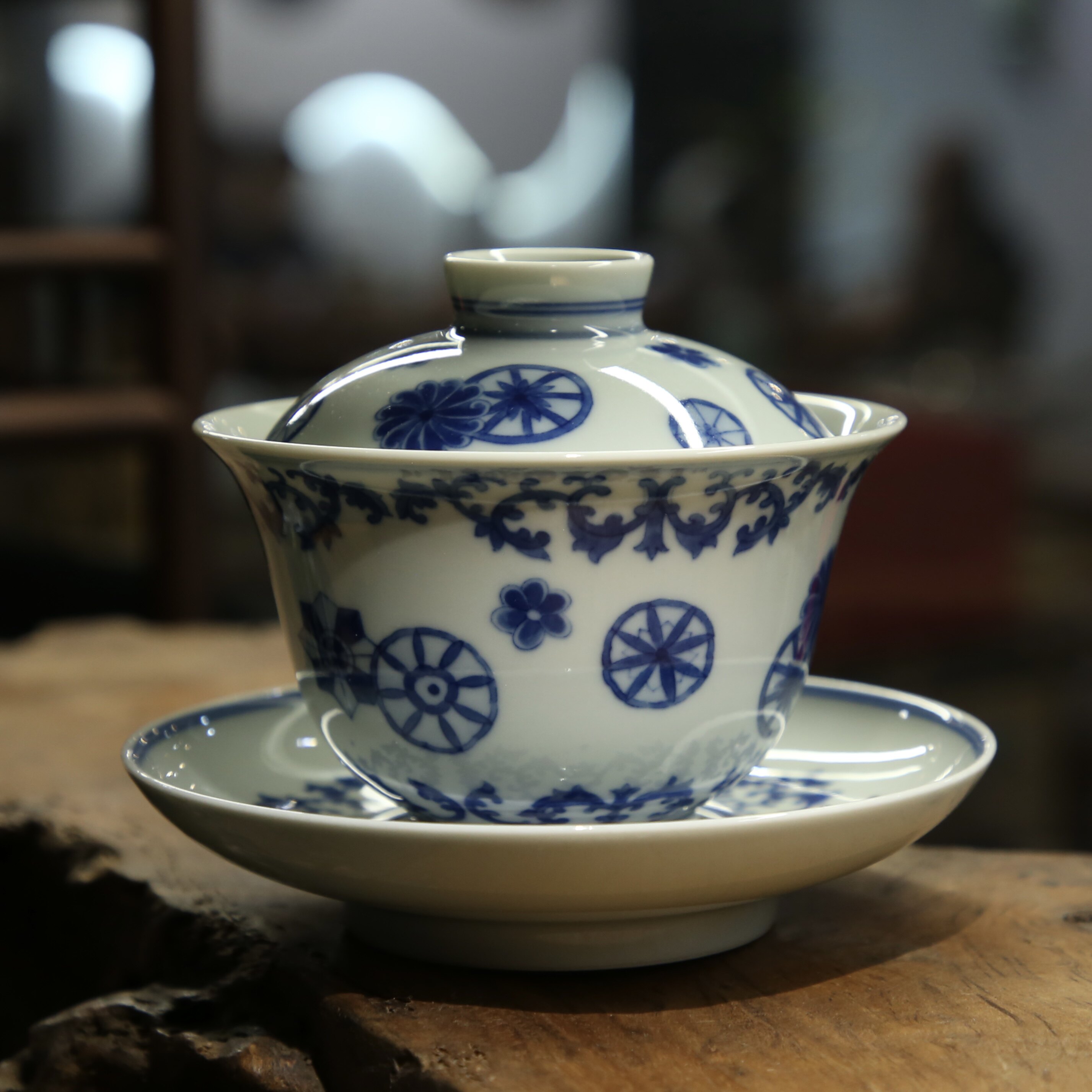 茗缘居 禄意窑青花盖碗仿古青花皮球花三才盖碗景德镇手工绘茶具