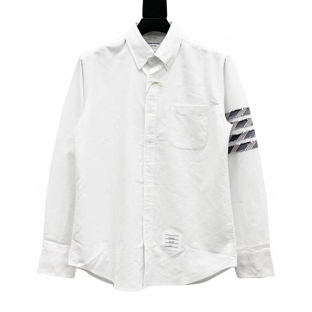 tb thom全棉牛津纺红白蓝线条四道杠tb风格男女同款情侣衬衫潮