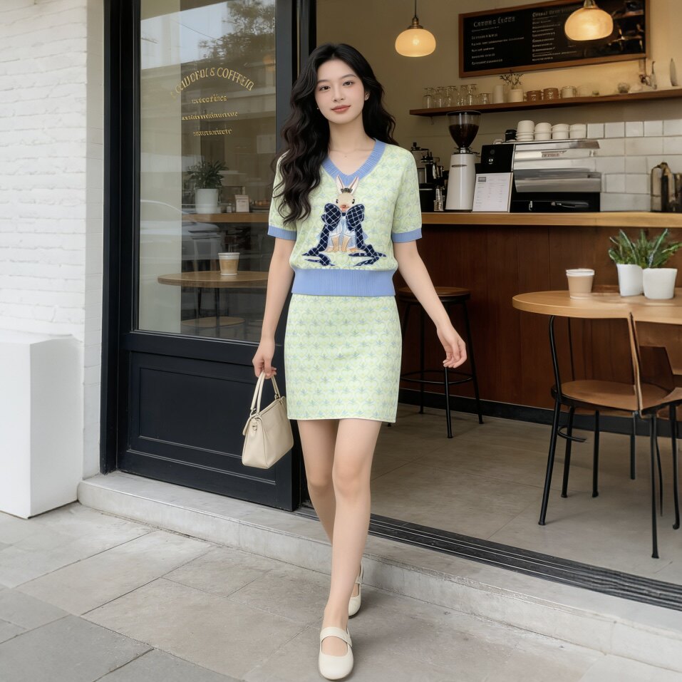 法式独特设计感t恤女花纹刺绣短袖针织衫女装2026年夏季时尚套装