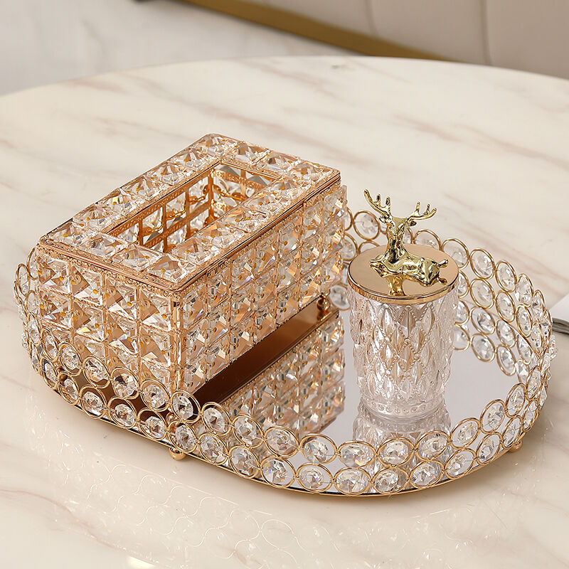 北欧轻奢风格金色金属椭圆收纳托盘水晶纸巾盒储物罐软装搭配套装