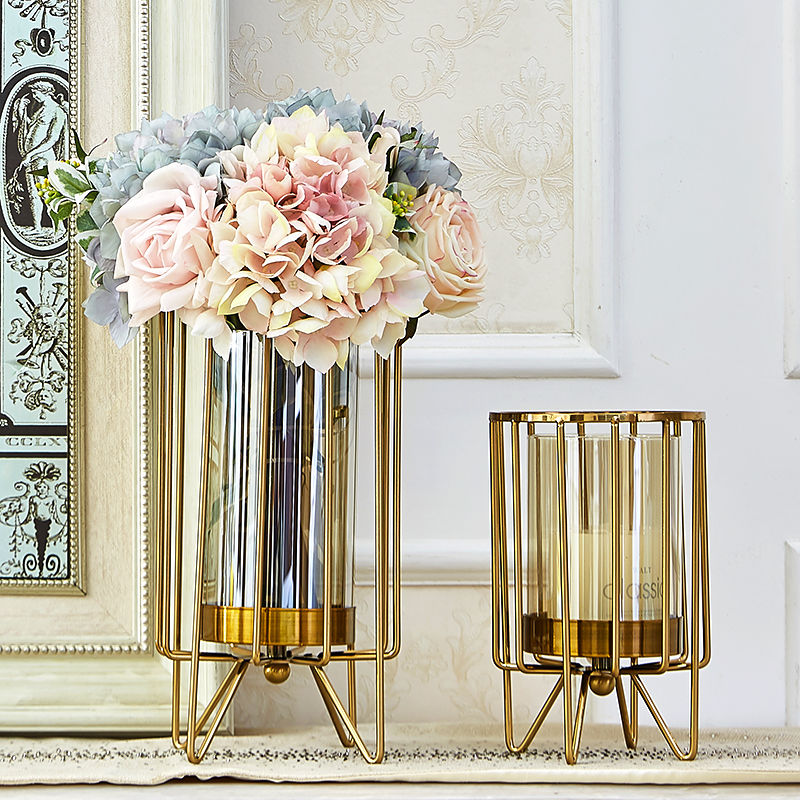 创意欧式花瓶摆件美式餐桌轻奢软装饰品家居客厅玻璃金属仿真花器