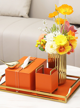 现代简约轻奢风橙色遥控收纳皮革纸巾盒茶几家用纸抽花艺托盘套装