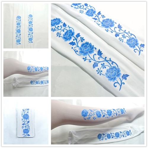 独家【青花瓷*华贵牡丹长筒袜】旗袍古典复古白色超薄提花洛丽塔