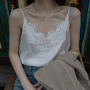 打底小衫 内搭无袖 背心西装 欧美ins宽松缎面蕾丝吊带外穿真丝无袖