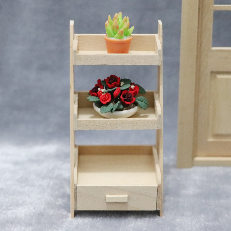 1:12娃娃屋dollhouse迷你家具模型微场景三层置物架抽屉素坯花架
