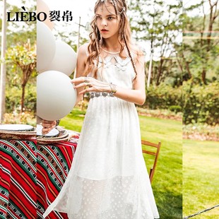 纯白飞鸟刺绣蕾丝花边桔梗裙子 新款 裂帛雪纺无袖 连衣裙女夏季