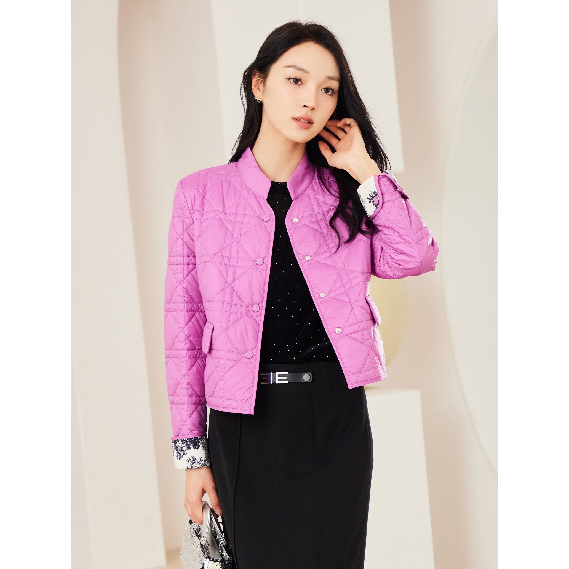 杨门2025秋冬新款高级感轻薄棉衣棉服女宽松休闲粉紫色外套上衣女