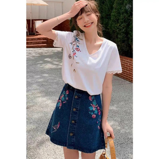 裂帛牛仔半身裙民族风花朵刺绣单排扣A字摆牛仔半身裙女