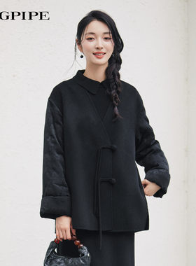 风笛 2024冬新中式盘扣V领羊毛呢大衣短款上衣外套1E45210原2199