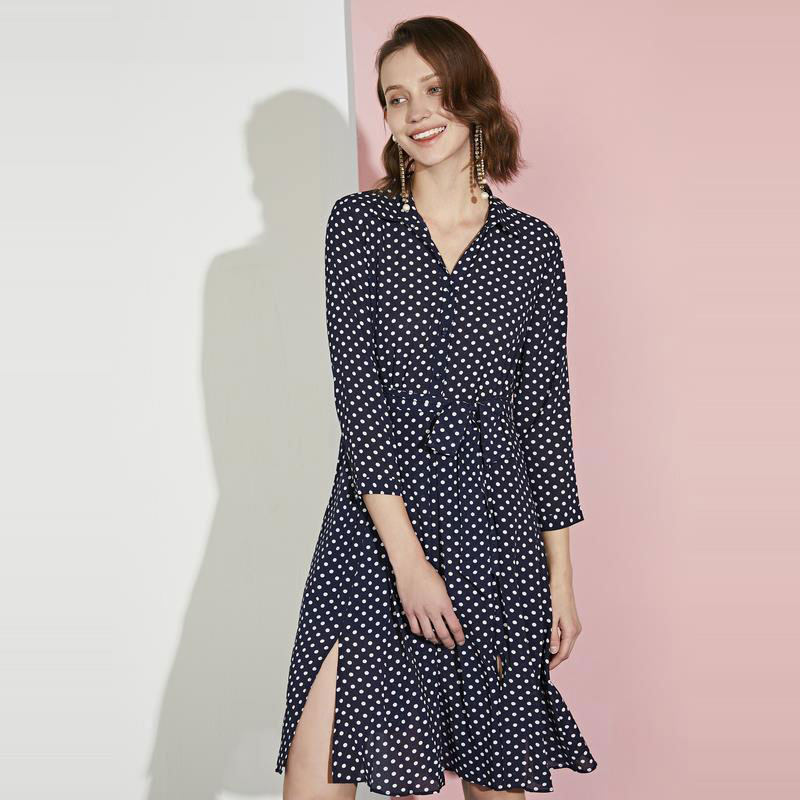 风笛 女装秋季女士连衣裙中长款圆点修身女裙潮81578原839