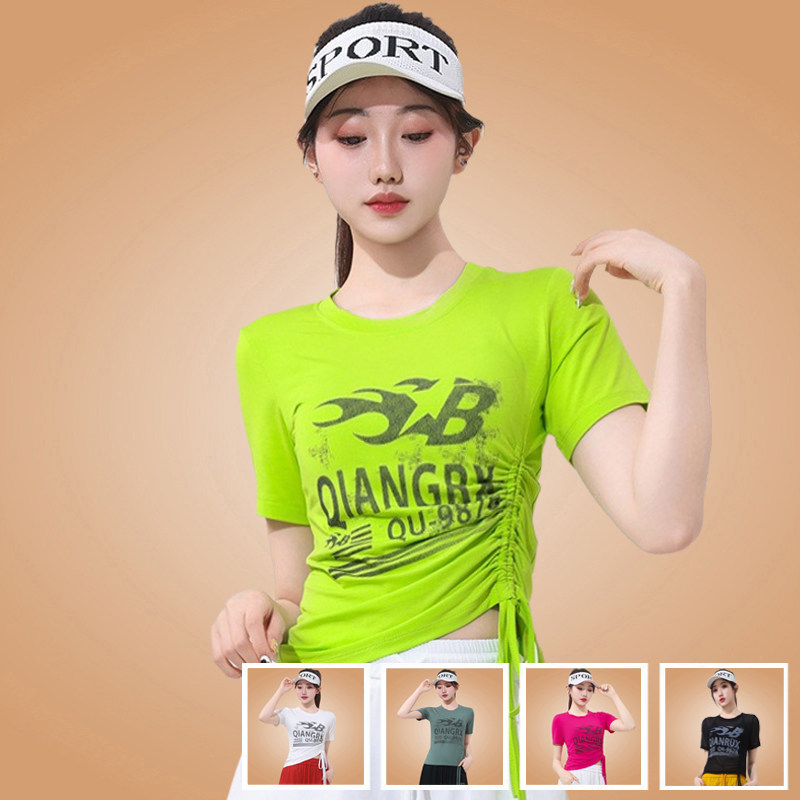 运动字母印花短袖T恤女显瘦抽绳圆领广场舞上衣跳舞健身操曳步舞