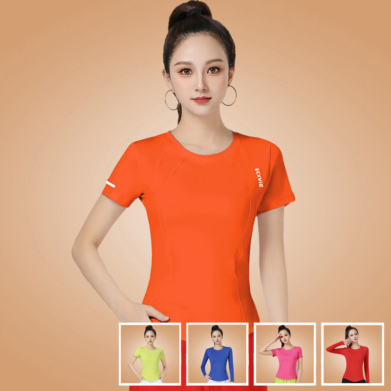 速干短袖广场舞上衣女夏季运动风圆领修身显瘦舞蹈服健身操练功服