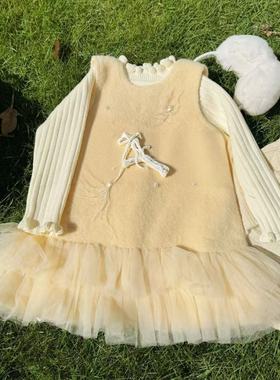 女童奶黄包黄色加绒背心网纱裙显白洋气周岁礼服套装裙子2025新潮