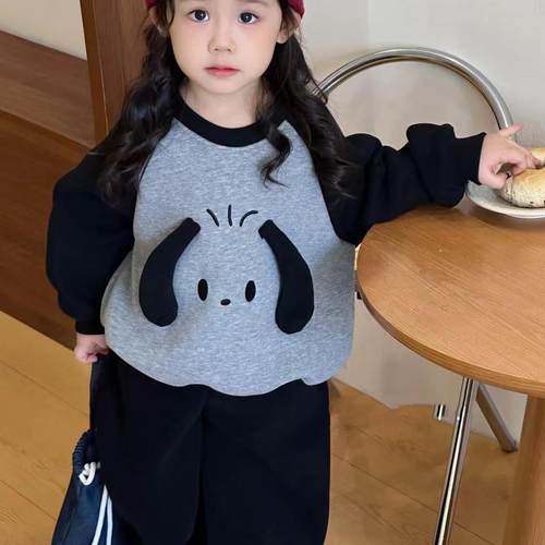 女童洋气休闲加绒卫衣套装卡通图案猫咪百搭幼儿园宝宝卫衣卫裤冬