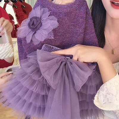 女童冬季新年紫纱毛衣蝴蝶结套装