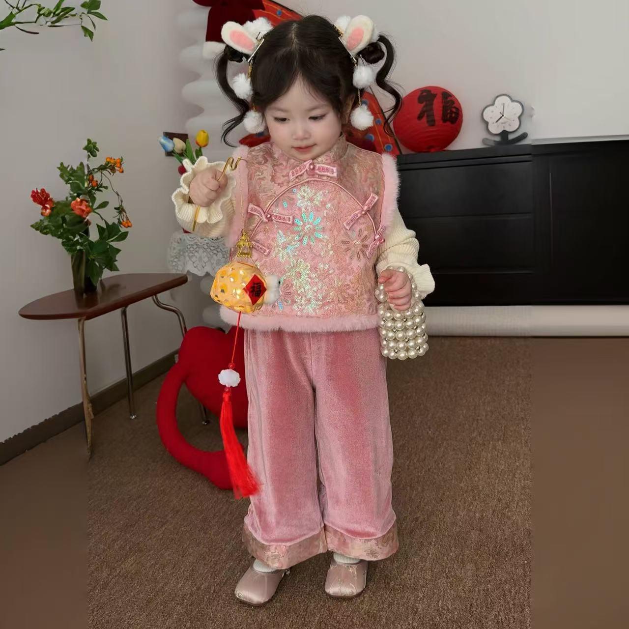 女童秋冬加绒新中式拜年套装