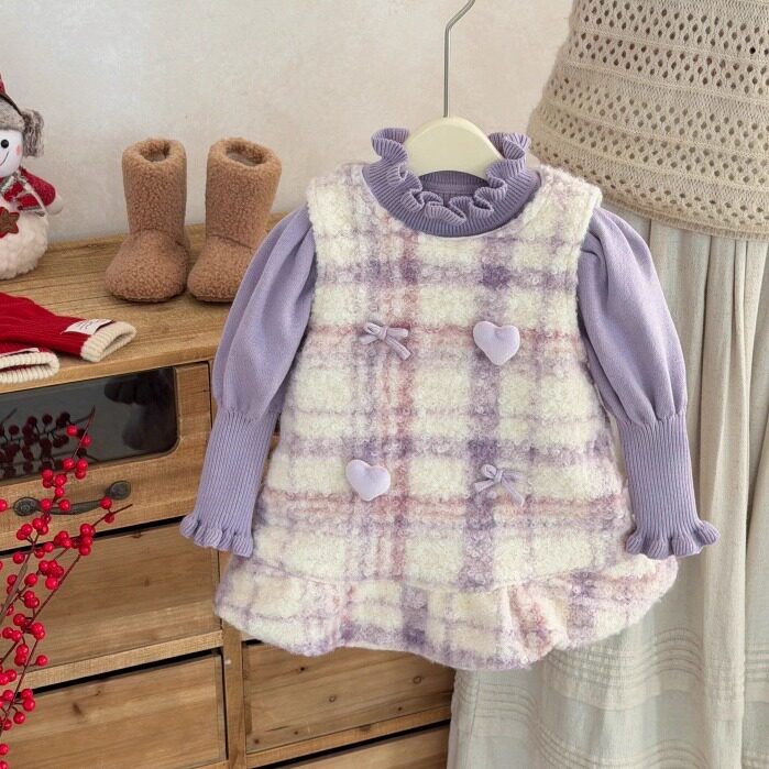 韩系女童冬装淡紫温柔拜年礼裙新款儿童加绒格子公主爱心软萌套装,童装/婴儿装/亲子装,套装,淘宝优惠券,粉丝福利购,淘宝优惠卷