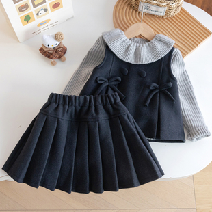 韩系女童秋冬装新款洋气学院风2025新款加绒蝴蝶结马甲百褶裙套装