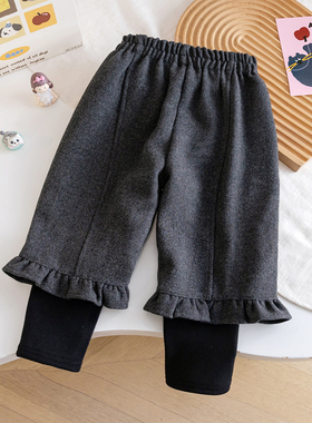 女童灰色荷叶边束脚裤加绒保暖休闲长裤女宝宝冬季百搭裤子