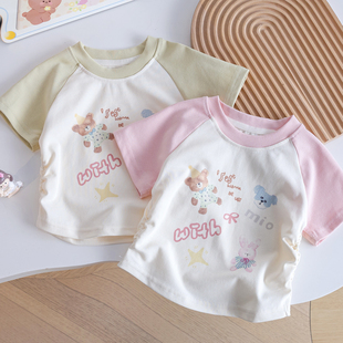 网红圆领拼色透气半袖 2025新款 T恤 幼儿园韩范卡通短袖 女宝宝夏季
