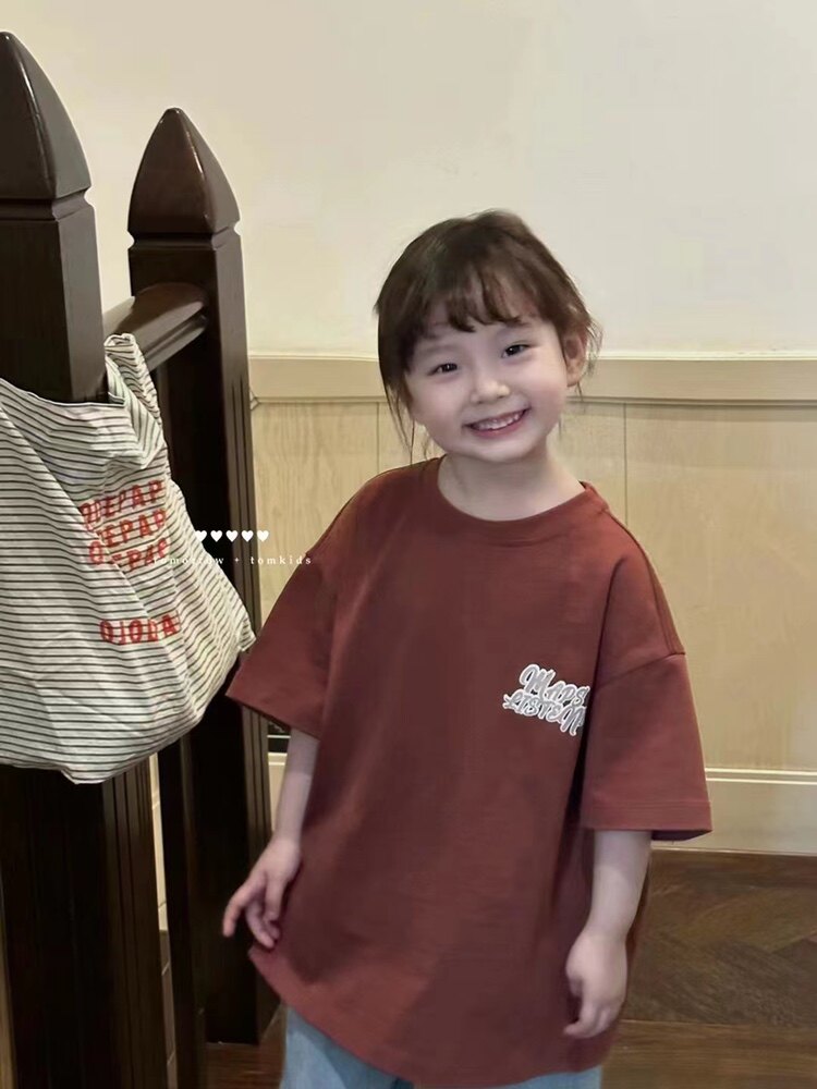 波拉童装23春夏款女童男童中大童中性简约纯棉宽版短袖T恤街舞