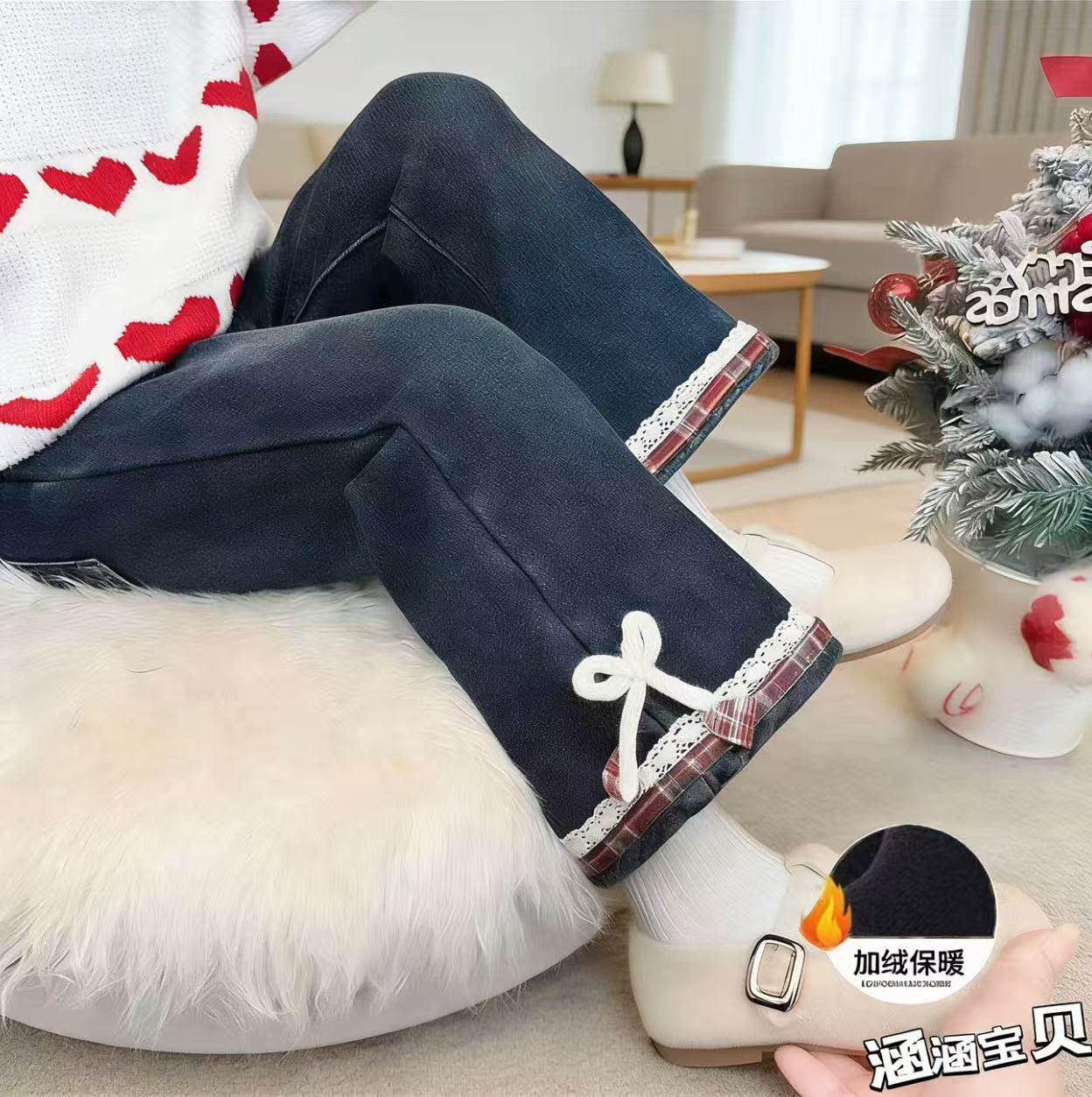 童装女童加绒喇叭牛仔裤秋冬季新款时尚洋气弹力一体绒保暖女宝裤