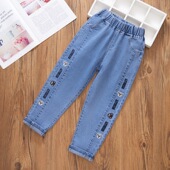 新款 春秋季 时尚 韩版 中大童女宝宝百搭外穿 童装 洋气款 女童牛仔长裤