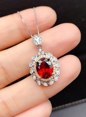 欧美高端珠宝简约甜美椭圆形仿真红宝石硞石镶满钻分色镀金项链女