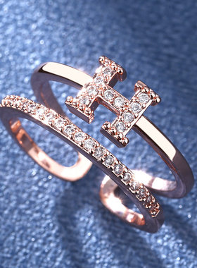 韩版时尚H工字母硞石微镶玫瑰金戒指少女简约甜美钻戒情人节礼物