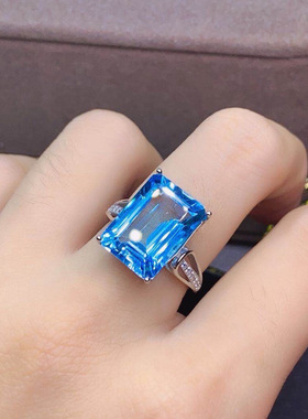 欧美高端珠宝女士简约气质长方形仿真海蓝托帕石镀白金戒指可调节