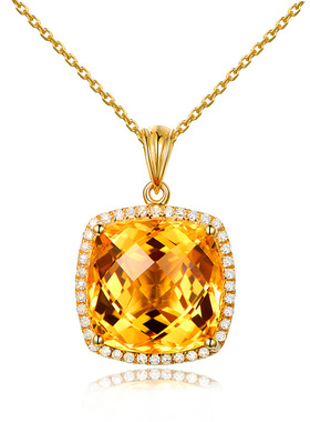 欧美高端气质金黄色锆石仿真黄水晶正方形吊坠镀18K黄金色项链女
