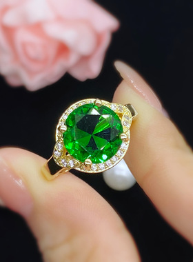韩版时尚女士气质珠宝几何正圆形仿真祖母绿碧玺镶钻镀黄金色戒指
