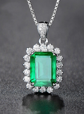 欧美高端珠宝清新气质仿真祖母绿碧玺长方形镶钻吊坠镀白金项链女