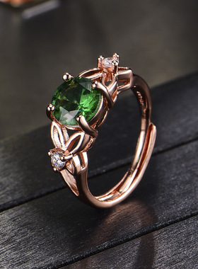 欧美高端珠宝女士气质镂空蝴蝶仿真祖母绿碧玺蓝宝石镀玫瑰金戒指