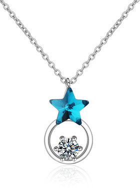 韩版蓝色硞石星星圆环闪钻项链吊坠少女学生简约甜美镀白金锁骨链