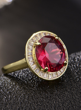 欧美高端珠宝少女简约甜美椭圆形仿真红碧玺宝石镀黄金色戒指钻戒