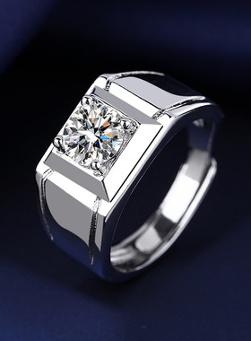 韩版经典大气男款几何硞石镶嵌戒指1克拉S925电镀纯银超酷婚指