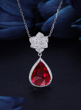 欧美高端珠宝仿真红宝石玫瑰花水滴形满钻气质甜美吊坠镀金项链女