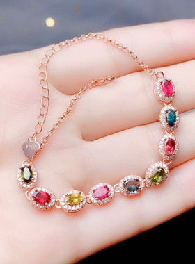 欧美高端珠宝少女甜美手链仿真碧玺糖果色七彩镶钻镀玫瑰金手链