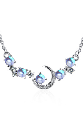 韩版时尚星星月亮合成月光石项链少女学生简约甜美幻彩镶钻锁骨链