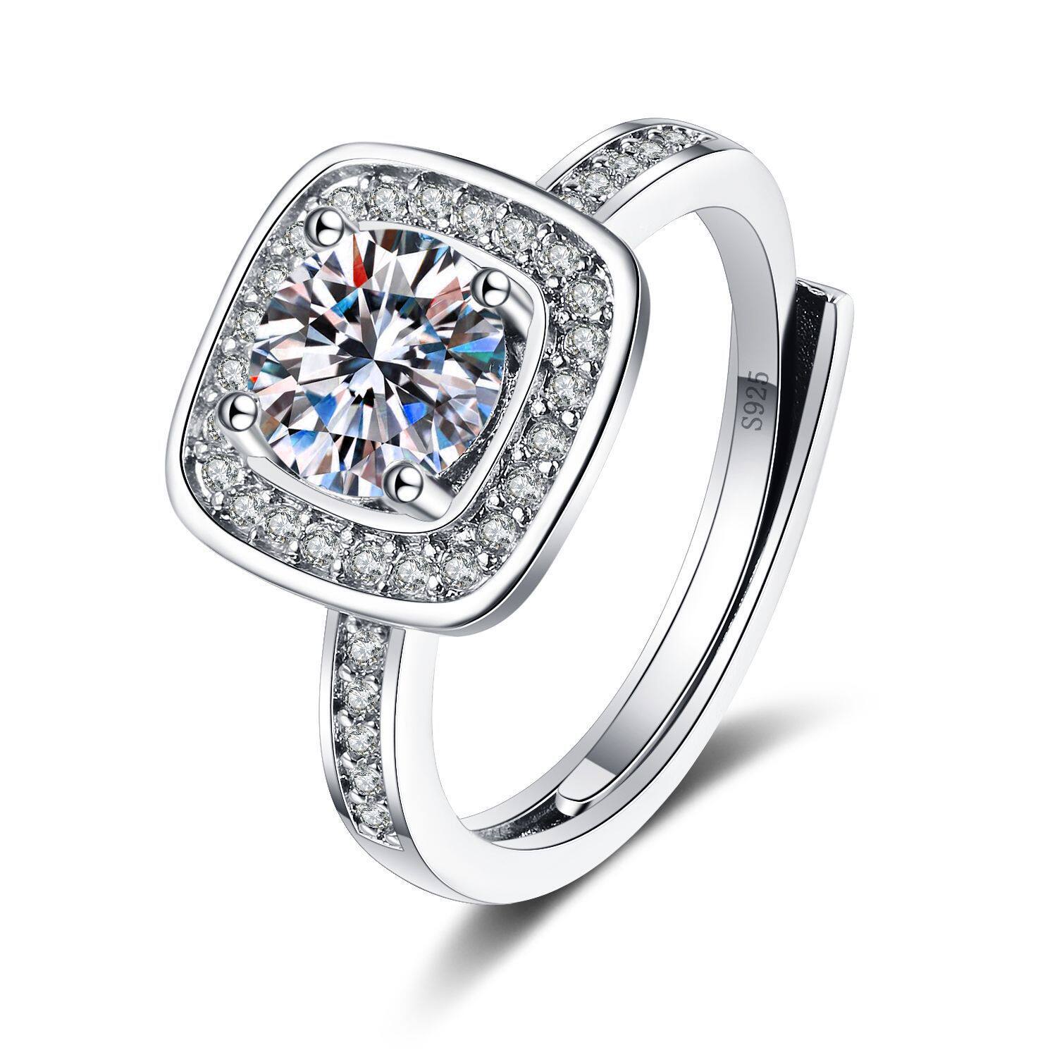 欧美时尚方形硞石镶钻公主风镀925纯银戒指少女简约甜美结婚钻戒