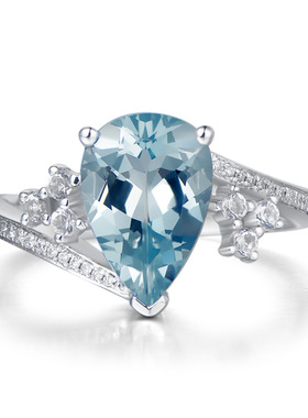 欧美高端珠宝少女简约清新气质水滴形浅海蓝仿真托帕石镀白金戒指