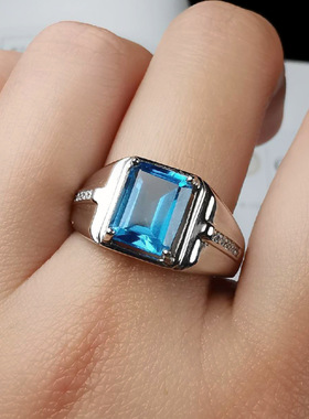 男款戒指长方形仿真海蓝托帕石镶钻镀白金戒指男神霸气商务戒指